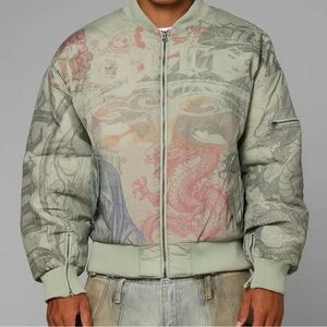Culture kings Men's Sage Green Printed Bomber Jacket